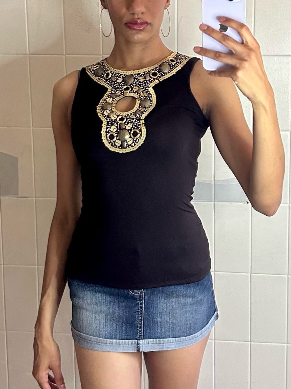 Cache Black Sleeveless Tank with Gold Beaded Neckline